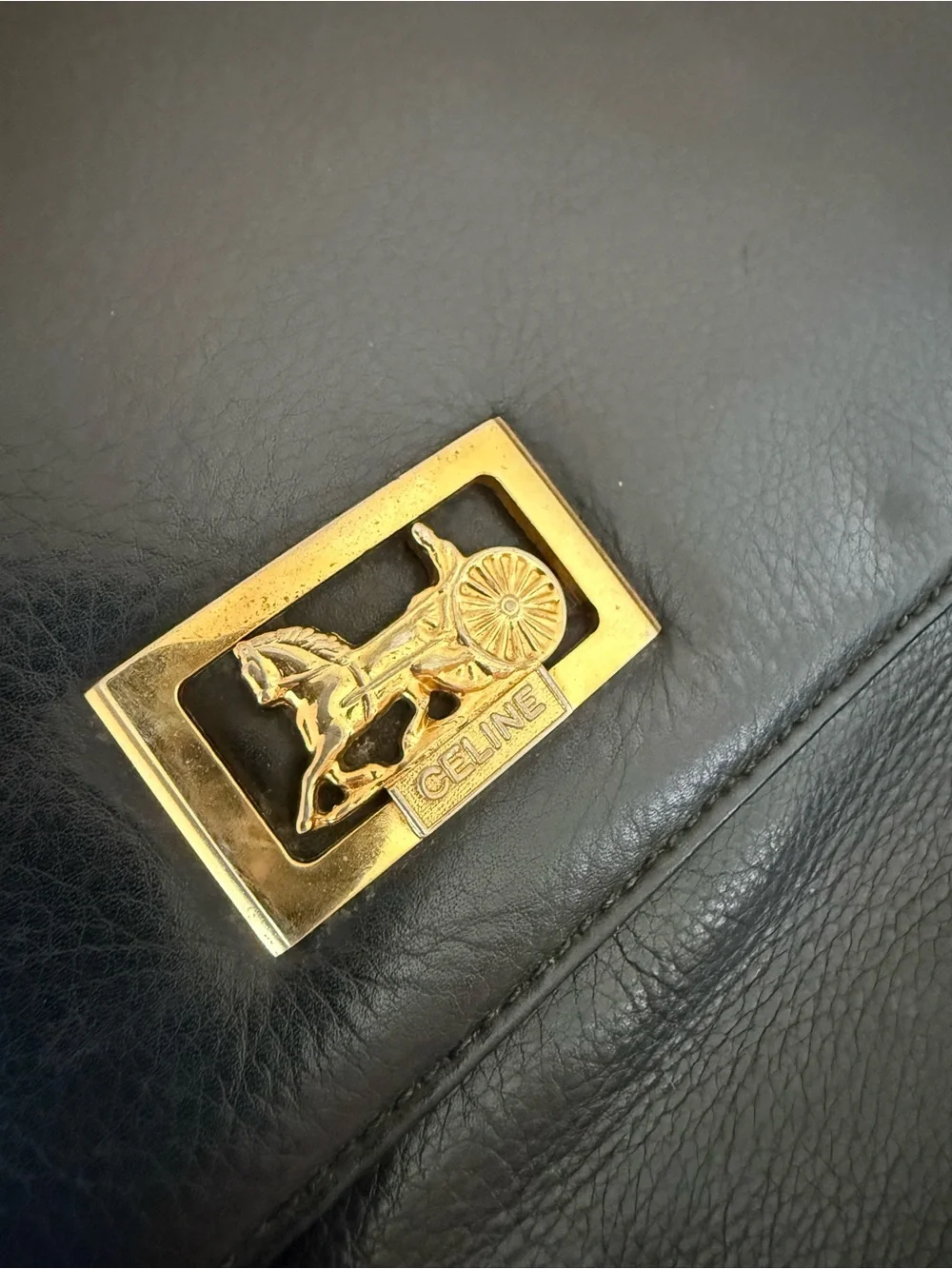 Vintage Celine Black Leather Fold-Over Clutch with Gold Hardware